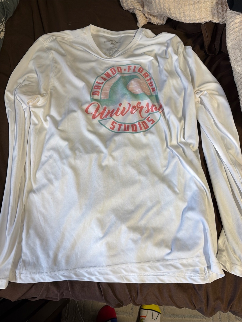 Universal White Long Sleeve Tee with Retro Pink & Teal Logo